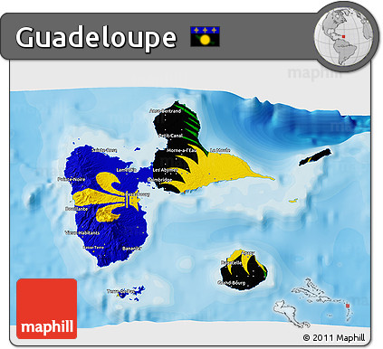 Flag 3D Map of Guadeloupe, single color outside, bathymetry sea, shaded relief sea, flag aligned to the middle