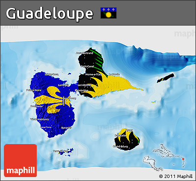 Flag 3D Map of Guadeloupe, single color outside, bathymetry sea, shaded relief sea, flag aligned to the middle