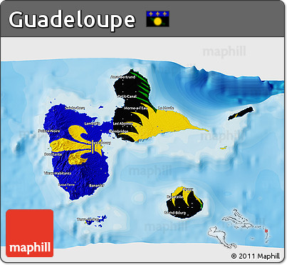 Flag 3D Map of Guadeloupe, single color outside, bathymetry sea, shaded relief sea, flag aligned to the middle
