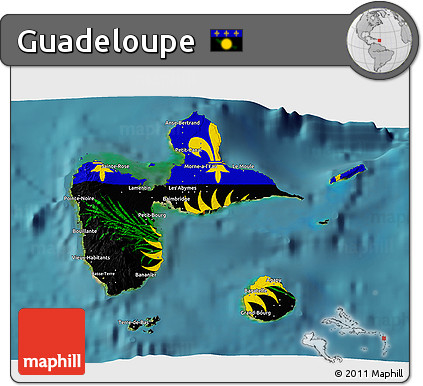 Flag 3D Map of Guadeloupe, single color outside, satellite sea, flag centered