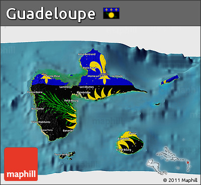 Flag 3D Map of Guadeloupe, single color outside, satellite sea, flag centered