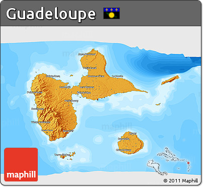 Political 3D Map of Guadeloupe, single color outside, bathymetry sea