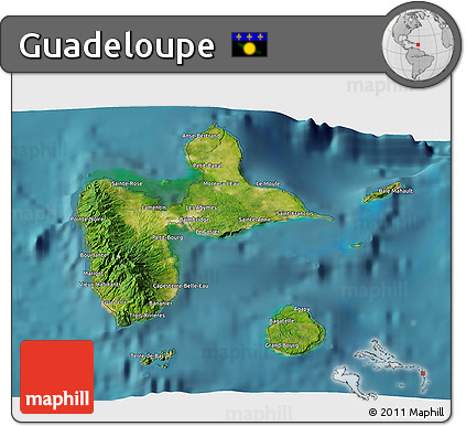 Satellite 3D Map of Guadeloupe, shaded relief outside, satellite sea