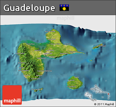 Satellite 3D Map of Guadeloupe, shaded relief outside, satellite sea