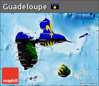 Flag Map of Guadeloupe, physical outside, bathymetry sea