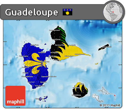 Flag Map of Guadeloupe, satellite outside, bathymetry sea, flag aligned to the middle