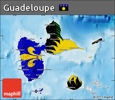 Flag Map of Guadeloupe, satellite outside, bathymetry sea, flag aligned to the middle