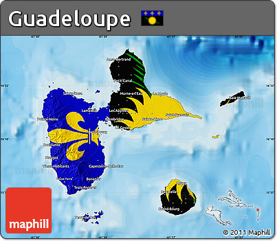 Flag Map of Guadeloupe, satellite outside, bathymetry sea, flag aligned to the middle