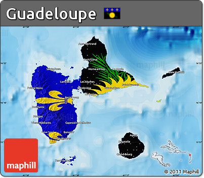 Flag Map of Guadeloupe, shaded relief outside, bathymetry sea, flag rotated