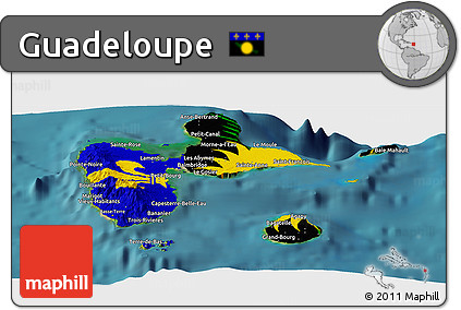 Flag Panoramic Map of Guadeloupe, satellite outside, flag aligned to the middle