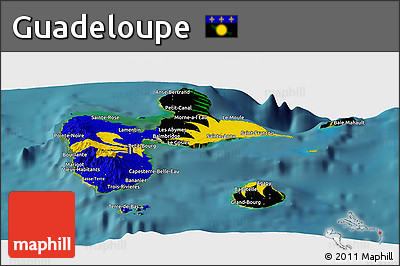 Flag Panoramic Map of Guadeloupe, satellite outside, flag aligned to the middle