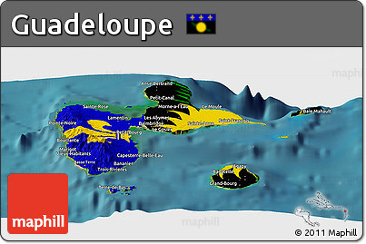 Flag Panoramic Map of Guadeloupe, satellite outside, flag aligned to the middle