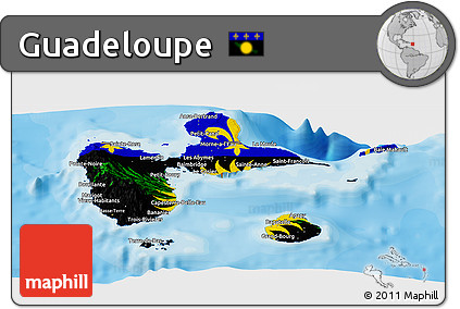 Flag Panoramic Map of Guadeloupe, shaded relief outside, bathymetry sea, flag centered