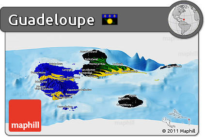 Flag Panoramic Map of Guadeloupe, shaded relief outside, bathymetry sea, flag rotated