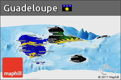 Flag Panoramic Map of Guadeloupe, shaded relief outside, bathymetry sea, flag rotated