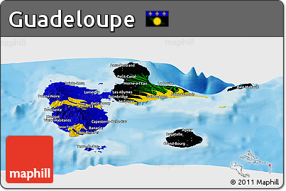 Flag Panoramic Map of Guadeloupe, shaded relief outside, bathymetry sea, flag rotated