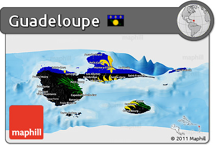 Flag Panoramic Map of Guadeloupe, shaded relief outside, bathymetry sea