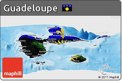 Flag Panoramic Map of Guadeloupe, shaded relief outside, bathymetry sea
