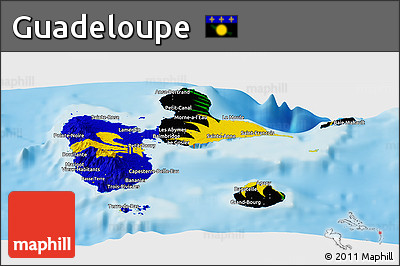 Flag Panoramic Map of Guadeloupe, shaded relief outside, flag aligned to the middle