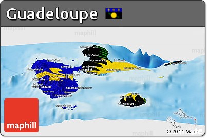 Flag Panoramic Map of Guadeloupe, shaded relief outside, flag aligned to the middle