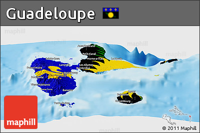 Flag Panoramic Map of Guadeloupe, single color outside, shaded relief sea, flag aligned to the middle