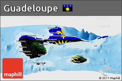 Flag Panoramic Map of Guadeloupe, single color outside, shaded relief sea
