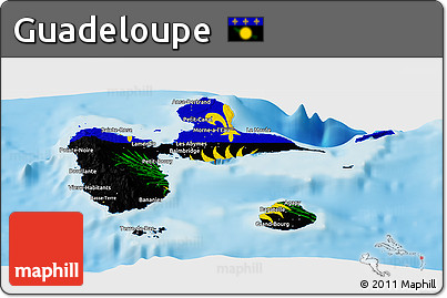 Flag Panoramic Map of Guadeloupe, single color outside, shaded relief sea