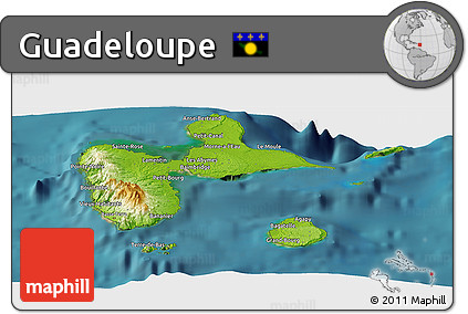 Physical Panoramic Map of Guadeloupe, single color outside, satellite sea