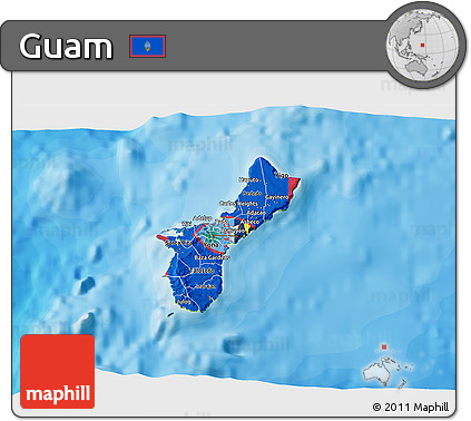 Flag 3D Map of Guam, physical outside, bathymetry sea, flag aligned to the middle