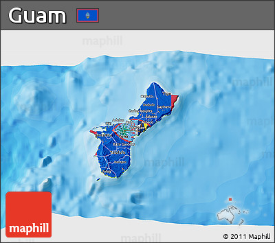 Flag 3D Map of Guam, physical outside, bathymetry sea, flag aligned to the middle