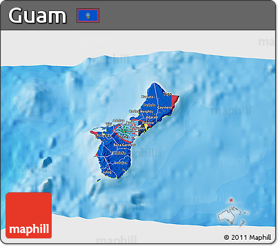 Flag 3D Map of Guam, physical outside, bathymetry sea, flag aligned to the middle