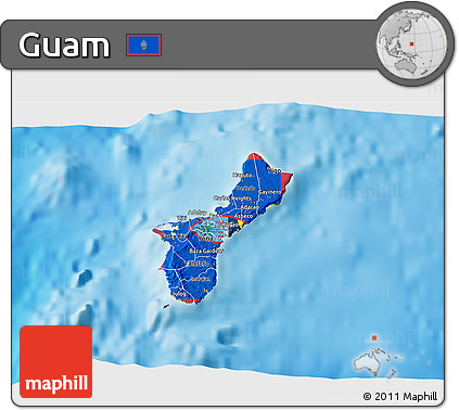 Flag 3D Map of Guam, physical outside, flag rotated