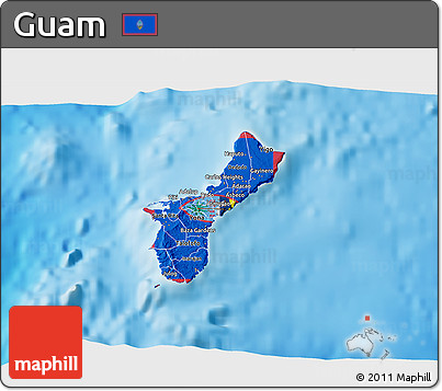 Flag 3D Map of Guam, shaded relief outside, flag rotated