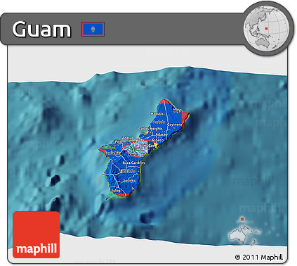 Flag 3D Map of Guam, single color outside, satellite sea, flag rotated