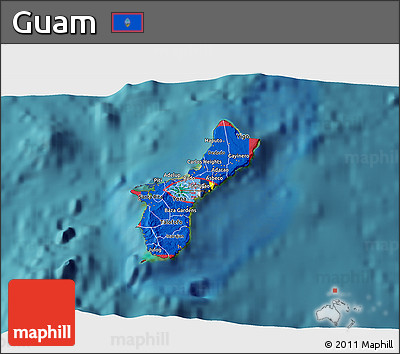 Flag 3D Map of Guam, single color outside, satellite sea, flag rotated