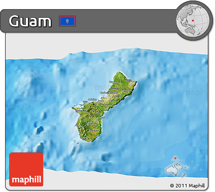 Satellite 3D Map of Guam, single color outside, bathymetry sea, shaded relief sea