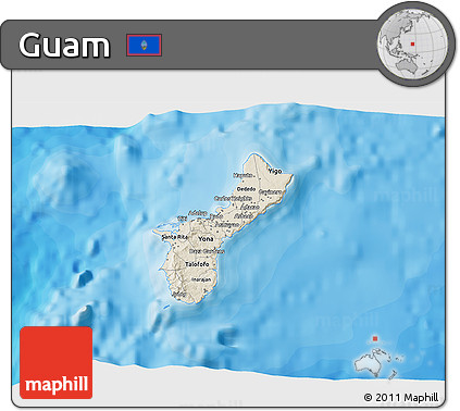 Shaded Relief 3D Map of Guam, single color outside, bathymetry sea, shaded relief sea
