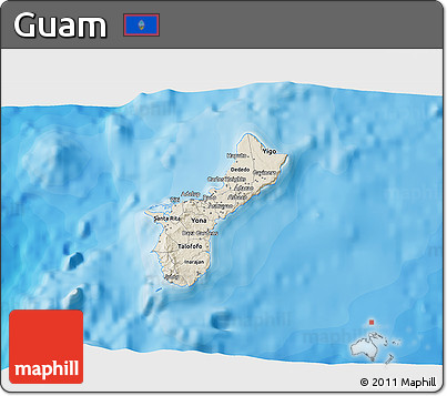 Shaded Relief 3D Map of Guam, single color outside, bathymetry sea, shaded relief sea