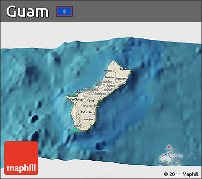 Shaded Relief 3D Map of Guam, single color outside, satellite sea