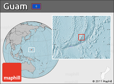 Blank Location Map of Guam, gray outside, hill shading outside