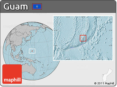 Blank Location Map of Guam, gray outside, hill shading outside