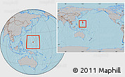 Gray Location Map of Guam, within the entire continent, hill shading