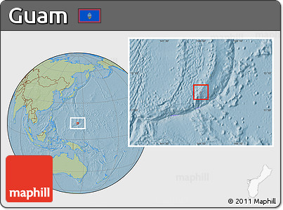 Gray Location Map of Guam, savanna style outside, hill shading