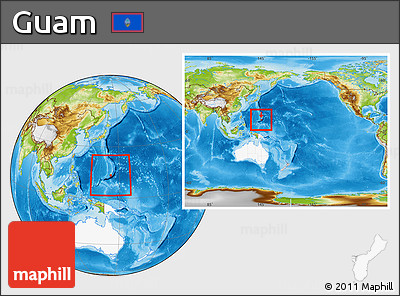 Physical Location Map of Guam, highlighted continent, within the entire continent