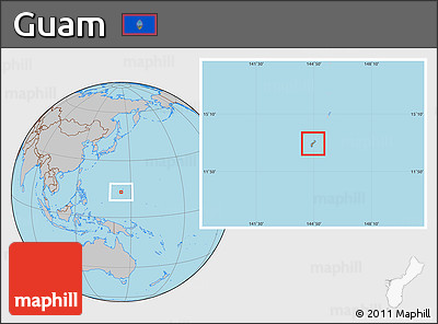 Savanna Style Location Map of Guam, gray outside, hill shading inside