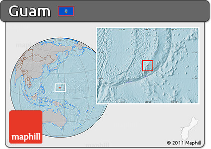 Savanna Style Location Map of Guam, gray outside, hill shading outside