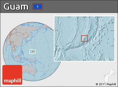 Savanna Style Location Map of Guam, gray outside, hill shading outside