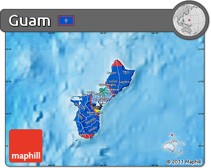 Flag Map of Guam, physical outside, bathymetry sea, flag centered
