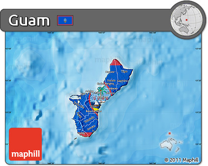 Flag Map of Guam, satellite outside, bathymetry sea, flag centered