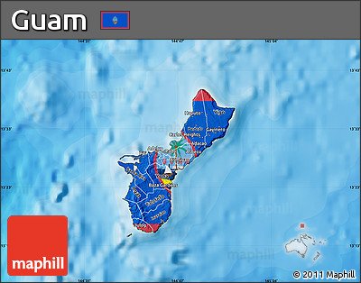 Flag Map of Guam, satellite outside, bathymetry sea, flag centered